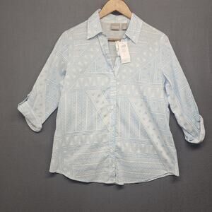 Chicos Blue Geometric Print Button Front Blouse 3/4 Sleeve Womens 1 Medium NEW